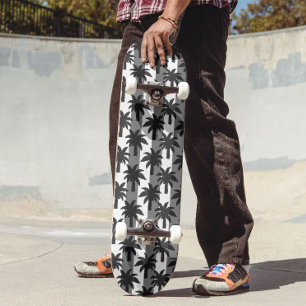 Grey White Tropical Palm Trees Stripes Design Skateboard