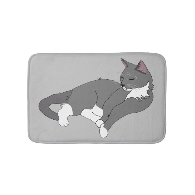 Grey & White Tuxedo Cat Bath Mat (Front)