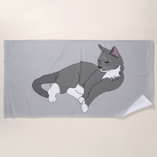 Grey & White Tuxedo Cat Beach Towel