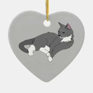 Grey & White Tuxedo Cat Ceramic Ornament