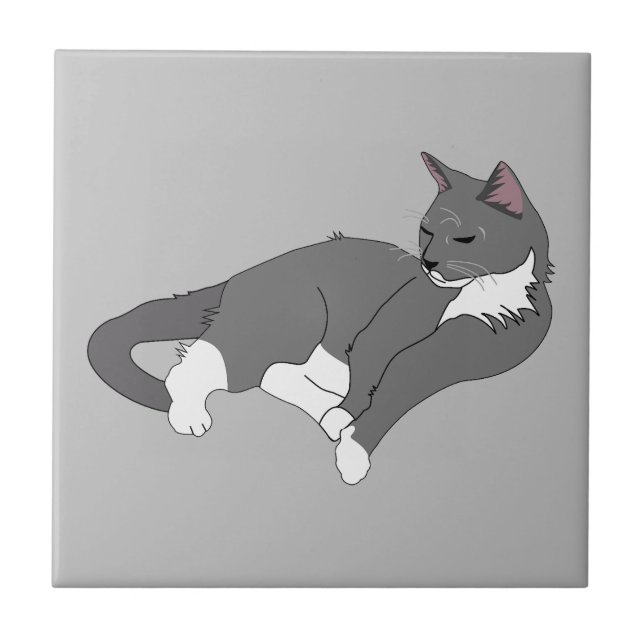 Grey & White Tuxedo Cat Ceramic Tile (Front)
