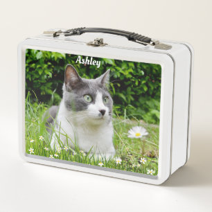 Grey & White Tuxedo Cat Custom Photo Metal Lunch Box