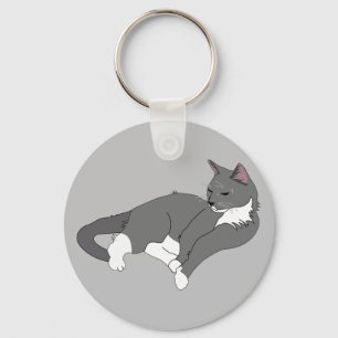 Grey & White Tuxedo Cat Key Ring