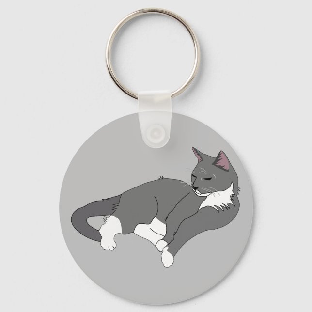 Grey & White Tuxedo Cat Key Ring (Front)