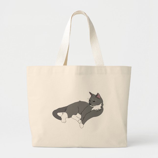 Grey & White Tuxedo Cat Large Tote Bag (Front)