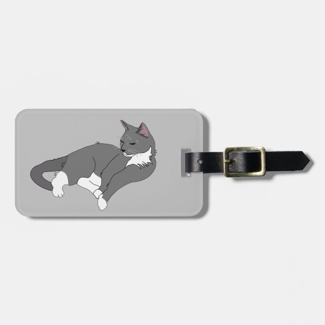 Grey & White Tuxedo Cat Luggage Tag (Front Horizontal)