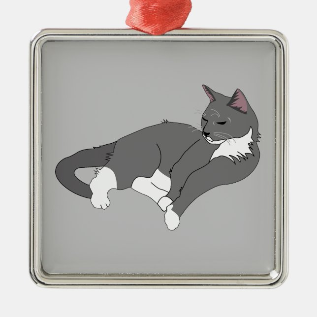 Grey & White Tuxedo Cat Metal Ornament (Front)