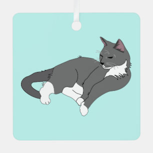 Grey & White Tuxedo Cat Metal Tree Decoration