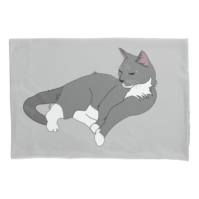 Grey & White Tuxedo Cat Pillowcase (Front)