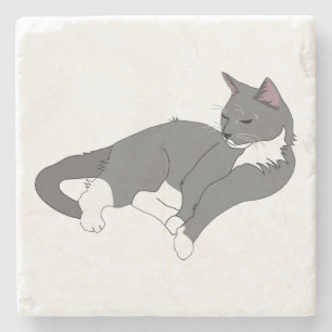 Grey & White Tuxedo Cat Stone Coaster