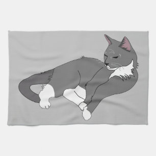 Grey & White Tuxedo Cat Tea Towel
