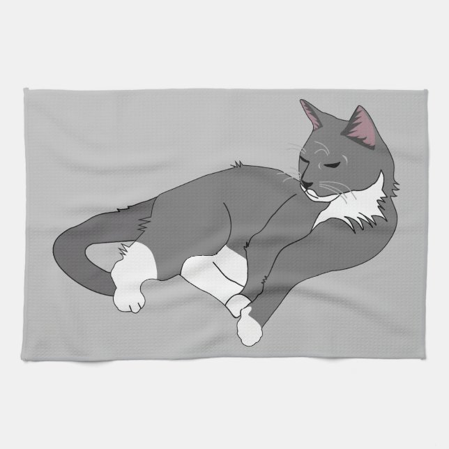 Grey & White Tuxedo Cat Tea Towel (Horizontal)