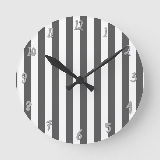Grey & White Vertical Stripes Chic Personalised Round Clock (Front)