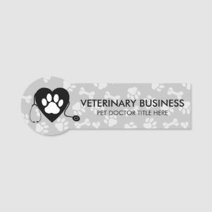 Grey White Veterinarian Paw Heart Stethescope Pet Name Tag