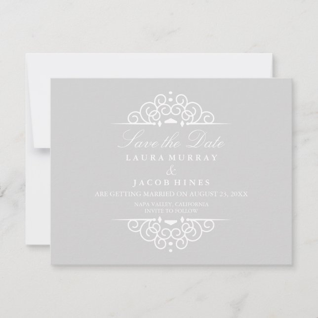 Grey & White Vintage Scroll Wedding Save The Date (Front)