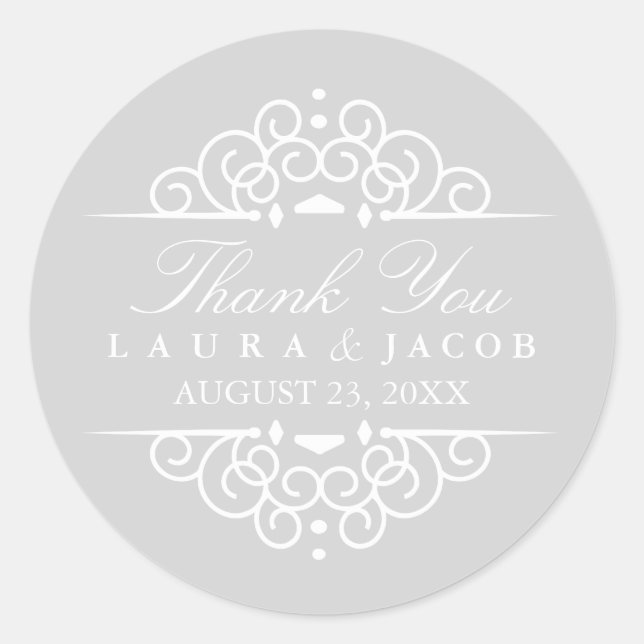 Grey & White Vintage Scroll Wedding Sticker (Front)