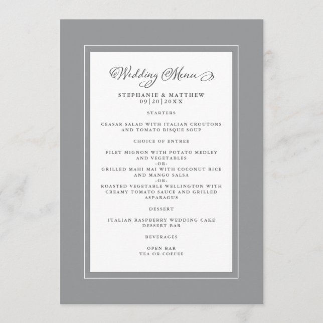 Grey & White Wedding Modern Chic Borders Menu (Front)