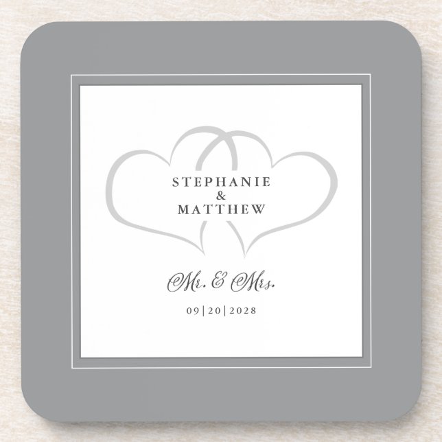 Grey & White Wedding Mr & Mrs Elegant Chic Hearts Coaster (Front)