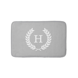 Grey White Wheat Laurel Wreath Initial Monogram Bath Mat