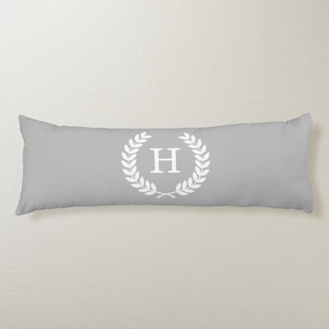 Grey White Wheat Laurel Wreath Initial Monogram Body Cushion (Front)