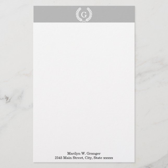 Grey White Wheat Laurel Wreath Initial Monogram Stationery (Front)