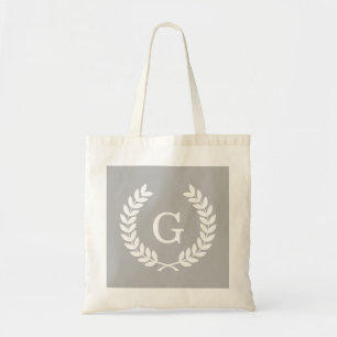 Grey White Wheat Laurel Wreath Initial Monogram Tote Bag