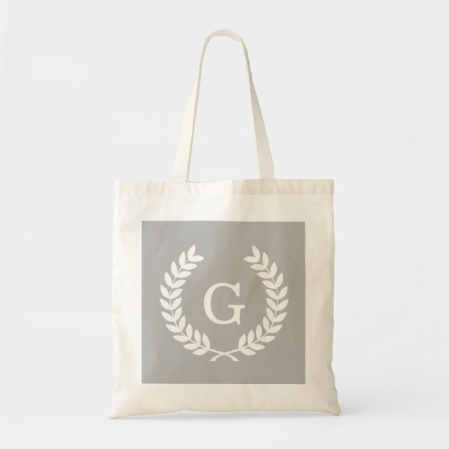 Grey White Wheat Laurel Wreath Initial Monogram Tote Bag (Front)