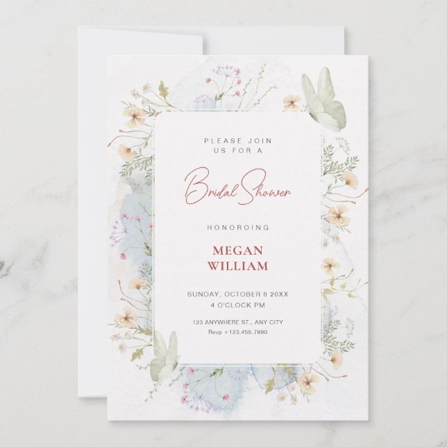 Grey white wildflowers watercolor bridal shower invitation (Front)