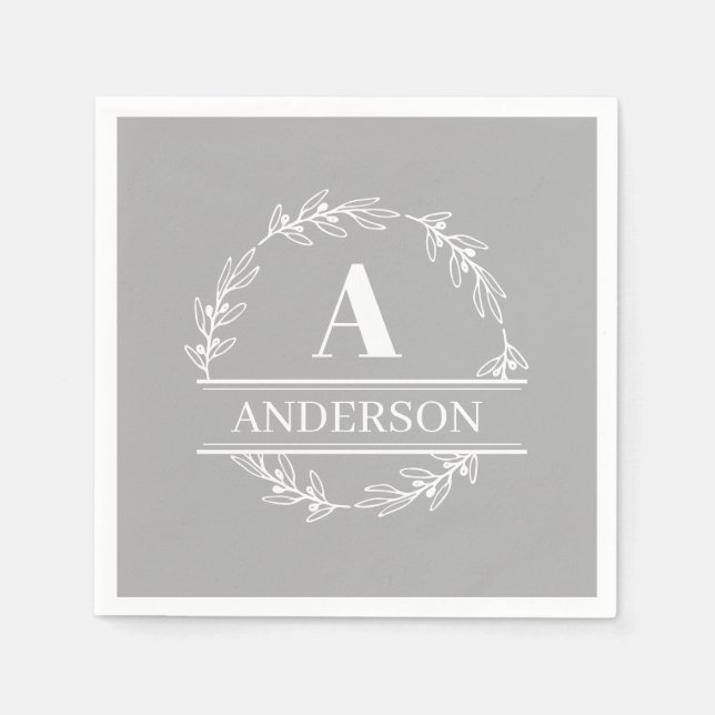 Grey White Wreath Family Name Monogram   Napkin (Front)