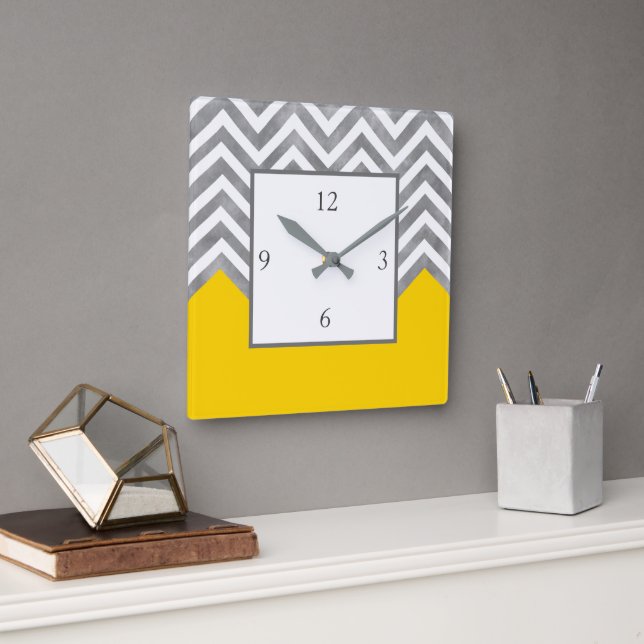 Grey White Yellow Chevron Colour Block Square Wall Clock (Office)