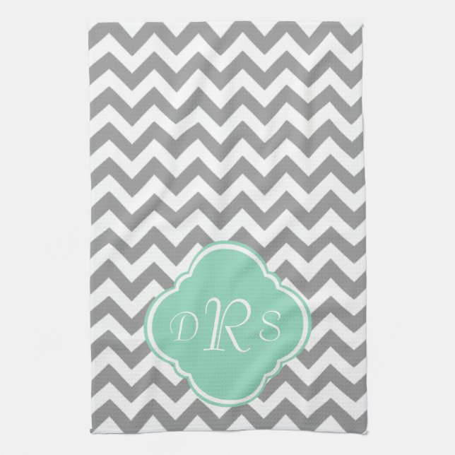 Grey & White Zigzag Custom Monogram Tea Towel (Vertical)