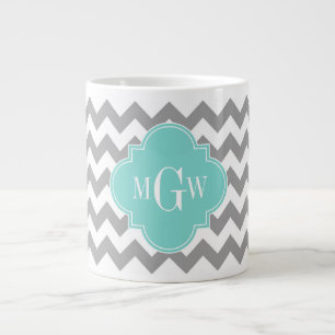Grey Wht Chevron Aqua Quatrefoil 3 Monogram Large Coffee Mug