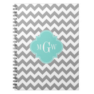 Grey Wht Chevron Aqua Quatrefoil 3 Monogram Notebook
