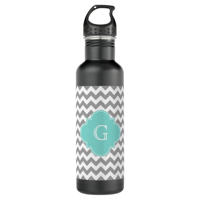 Grey Wht Chevron Aqua Quatrefoil Monogram 710 Ml Water Bottle (Front)