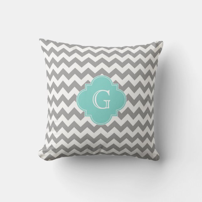 Grey Wht Chevron Aqua Quatrefoil Monogram Cushion (Front)