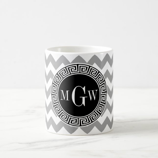 Grey Wht Chevron Black Greek Key 3 Monogram Coffee Mug (Center)