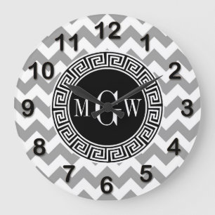 Grey Wht Chevron Black Greek Key 3 Monogram Large Clock