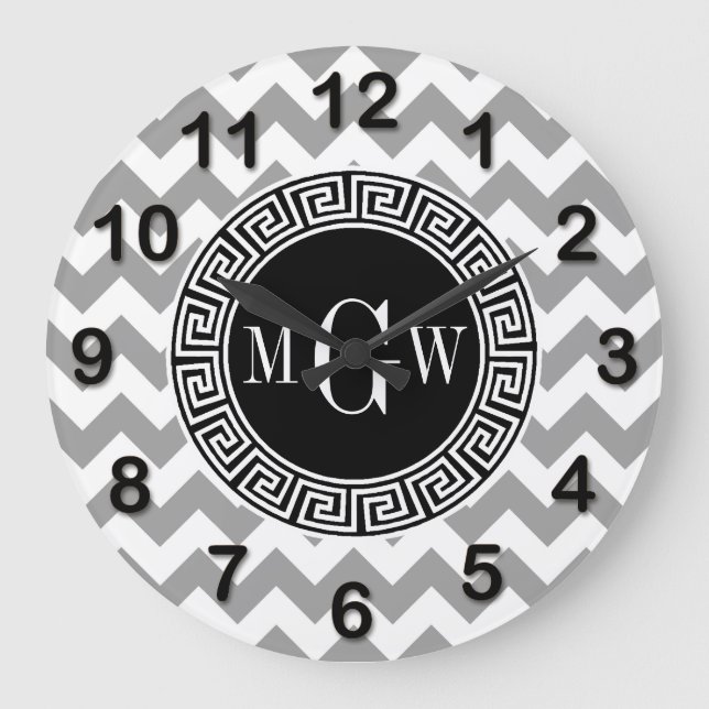 Grey Wht Chevron Black Greek Key 3 Monogram Large Clock (Front)