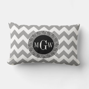 Grey Wht Chevron Black Greek Key 3 Monogram Lumbar Cushion