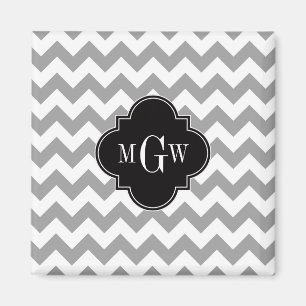 Grey Wht Chevron Black Quatrefoil 3 Monogram Magnet
