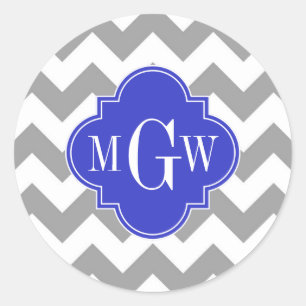 Grey Wht Chevron Cobalt Blue Quatrefoil 3 Monogram Classic Round Sticker