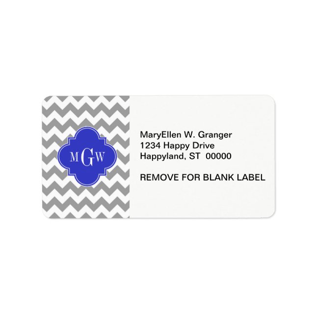 Grey Wht Chevron Cobalt Blue Quatrefoil 3 Monogram Label (Front)