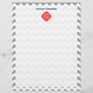Grey Wht Chevron Coral Red Quatrefoil Monogram