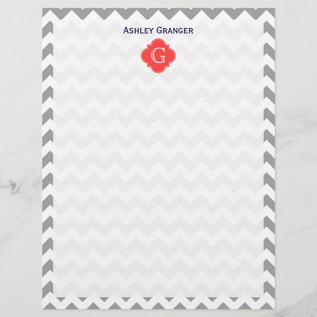 Grey Wht Chevron Coral Red Quatrefoil Monogram (Front)