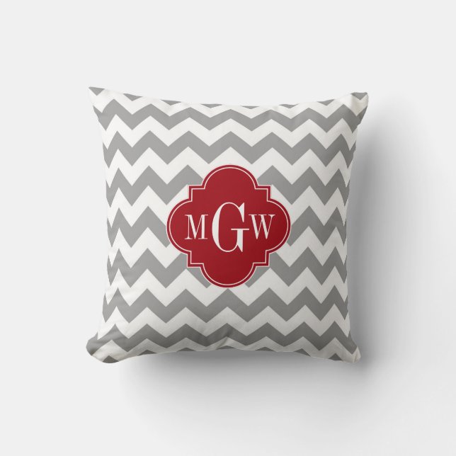 Grey Wht Chevron Cranberry Quatrefoil 3 Monogram Cushion (Front)