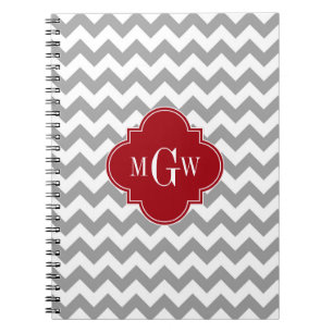 Grey Wht Chevron Cranberry Quatrefoil 3 Monogram Notebook