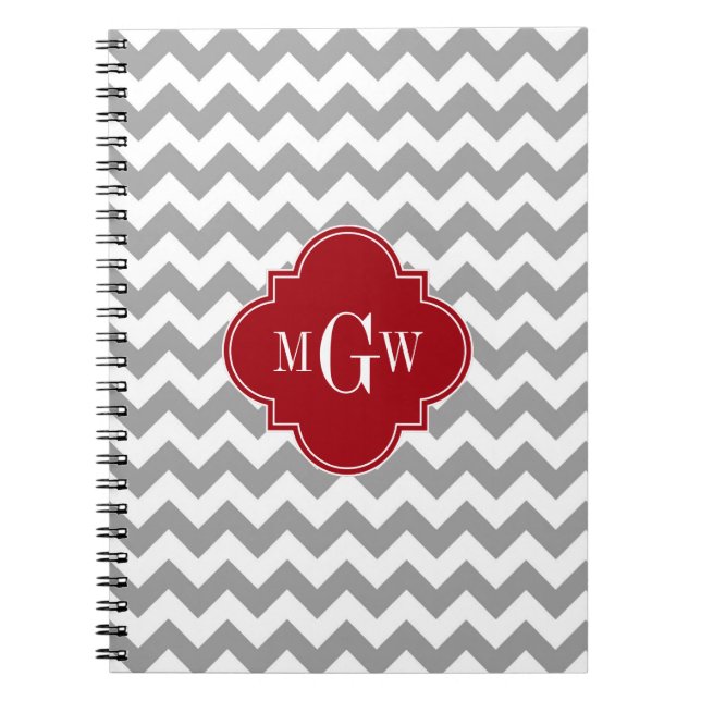 Grey Wht Chevron Cranberry Quatrefoil 3 Monogram Notebook (Front)