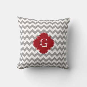Grey Wht Chevron Cranberry Red Quatrefoil Monogram Cushion
