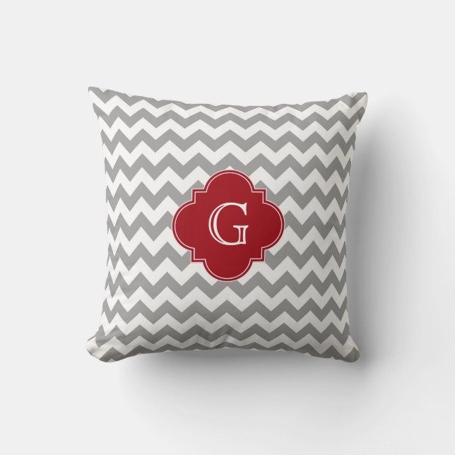 Grey Wht Chevron Cranberry Red Quatrefoil Monogram Cushion (Front)