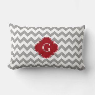 Grey Wht Chevron Cranberry Red Quatrefoil Monogram Lumbar Cushion